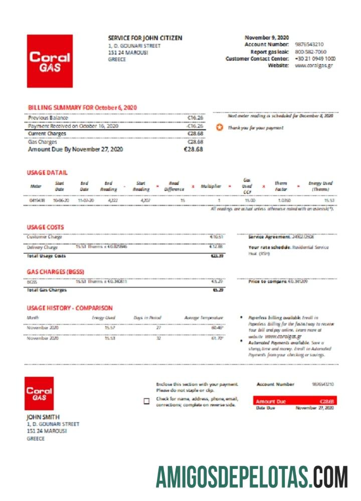 Conta de serviços públicos CORAL GAS da Grécia exemplo